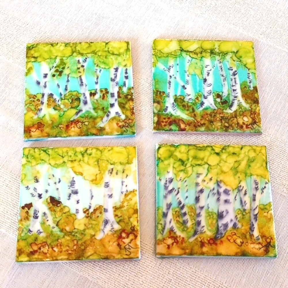 REDUCED Handmade and Hand Painted Birch Tree Ceramic Resin Coasters (Set of 4)